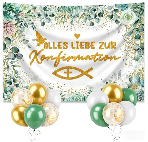 Sunwuun Horizontales Blättern 110x180cm Partybanner mit Luftballons | Alles Gute zur Konfirmation Deko Banner Polyester für Tischdeko Konfirmation Deko Jungen Mädchen