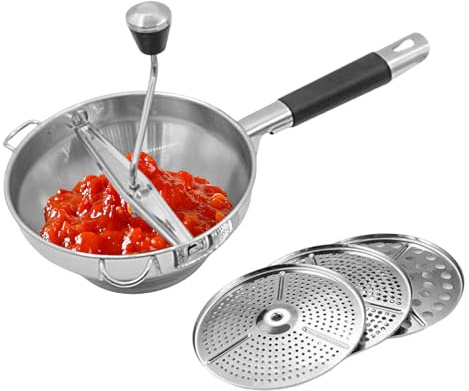 Kartoffelstampfer, Passiermühle Für Suppe Marmelade Brei Saucen | Lebensmittelechter Edelstahl Zerkleinerer Mit 3 Wechselbaren Mahlplatten Für Bananen Karotten Avocado Käse Fruchtpüree Smoothies