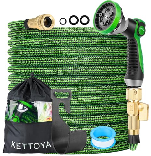 KETTOYA 75FT Expandable Garden Hose, Hose Pipe with 10-Pattern Spray Nozzle, 2-in-1 Valve Quick Connector, Flexible Heavy Duty Water Hose, Durable 3750D, 4-Layer Latex Core, Leak-Proof, Kink-Free