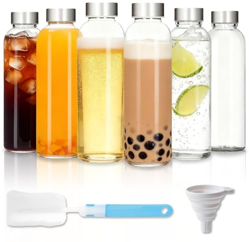MEETOZ Glass Water Bottles with Lids 6 Pack 500ml Reusable Juice Bottles With Airtight Leakproof Metal Lids Drinking Bottle for Sauce jar,Milk,Juice,Work, Gym Cleaning Brush and Funnel
