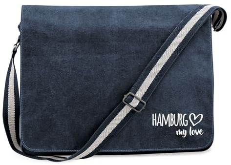 Huuraa Umhängetasche Hamburg my love Geschenk | Messenger Bag mit Schultergurt 14 Liter Schultertasche Canvas Laptoptasche Geschenkidee Crossbody Tasche