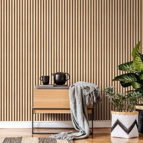 Acoustic Wall Panel - Natural Oak Wood Slat | 2.4m Decorative Feature Wall Cladding | Sound Absorbing Panelling for Living Room, Hallway & Media Wall | 2400mm x 600mm x 21mm (1 Panel)