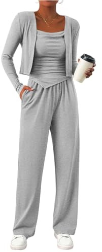 SCBFDI 3 Pezzo Donna Manica Lunga Semplice Nubilato Top E Pantaloni Impero Waist Inverno Senza Colletto Sottile