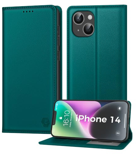 Kirnntca Handyhülle für iPhone 14 Hülle, Kartenfach Premium PU Leder Klapphülle Schutzhülle, Standfunktion Tasche Flip Case für iPhone 14 - Grün