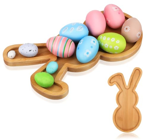 Cabilock Assiette lapin de Pâques – Plateau de service en bambou en forme de lapin de 28 x 15 cm – Plateau de Pâques réutilisable pour collations, fruits, bonbons – Décoration de table printanière et