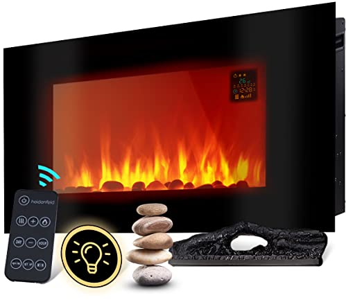 Heidenfeld Elektrokamin HF-WK100 | 𝟯 𝐉𝐀𝐇𝐑𝐄 𝐆𝐀𝐑𝐀𝐍𝐓𝐈𝐄 - 2000 Watt - Fernbedienung - Thermostat - Kippschutz - Timer - 3D Flammen - Wandkamin - Kaminofen (WK100C Flach Steinoptik)