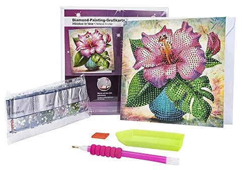 Ideen mit Herz Diamond-Painting-Grußkarte | Strass-Edition | 16 x 16 cm | 370 g/m² | inkl. Steine, Umschlag & Werkzeug (Hibiskus in Vase)