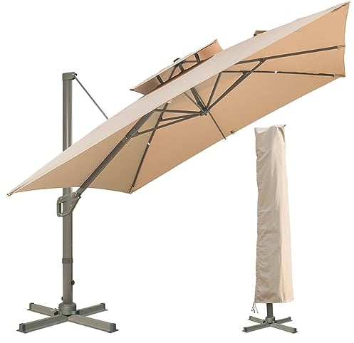 LKINBO Parasol Déporté 3x3m carré avec manivelle, Parasol de jardin exterieur avec pied de croix inclus, Parasol Déporté Inclinable et Rabattable avec housse de protection pour jardin patio, Kaki