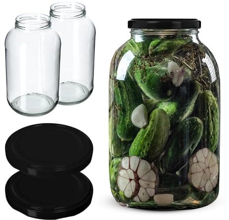 KADAX Glass Jars 4 L, Large Jars with Wide Mouth for Preserving, Pickling and Fermenting, Storage Jars for Pickles and Sauerkraut (Set of 2, Black Lids)