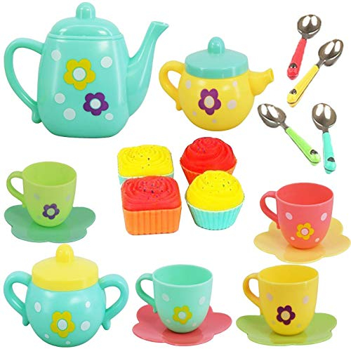xwin sportseries Kids Multicolor Tea Set Party Set with Dessert Candy Muffin Toys Including Cups & Plates, BPA Free PVC Free Teapot, For Little Girls Enhance Child Skills (22Pcs)
