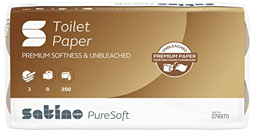 Satino PureSoft Toilettenpapier 3-lagig - Großpackung mit 64 Klorollen (8x8 Rollen) - weich, umweltschonend und nachhaltig aus recyceltem Karton/Verpackungsmaterial