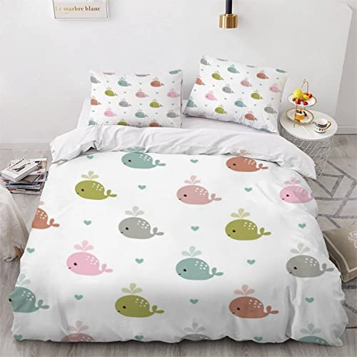 VASENA Bettwäsche Wal Herz Bettwäsche 135x200 Kinder Süße Meerestiere Bettbezug Set Weich Microfaser Kinderbettwäsche 3 Teilig Mit ReißVerschluss Mit 2 Kissenbezug 80x80 cm