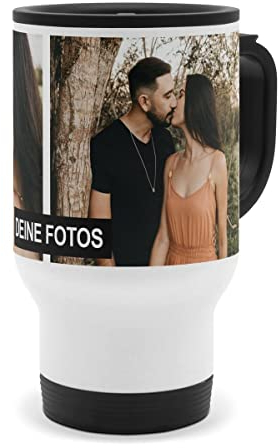 PhotoFancy® - Personalisierter Thermobecher 'Collage' - Isolierbecher To go mit eigenem Foto und Text selbst gestalten - Layout Collage 2 Bilder