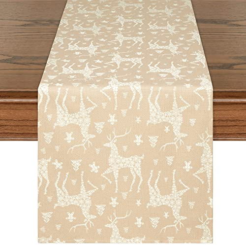 Yugarlibi Tischläufer Weihnachten Beige Leinen Modern Tischläufer Schmutzabweisend Hitzebeständig Tischdecke Waschbar Tischband mit Elchen Muster Tischdekor für Esszimmer Küche Fest 183x35cm