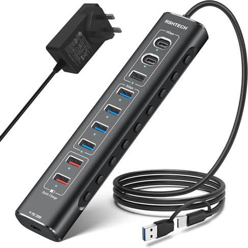 RSHTECH 60W Powered USB Hub, 10-Port USB-C Hub with 3x USB 3.2 10Gbps Data Ports (2C+1A), 3 xUSB Fast Charging Port (1C+2A) and 4 USB 3.0 (RSH-A10QPD)