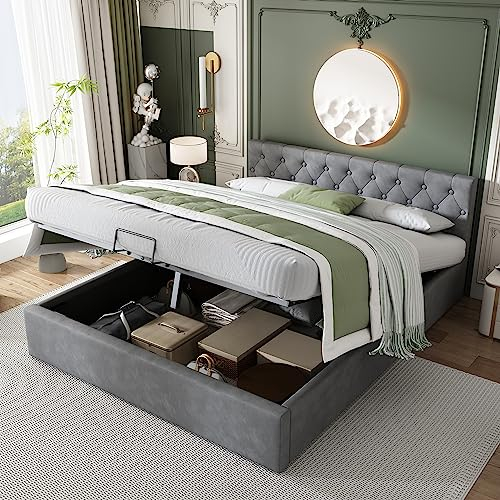 ZUUYEE Bett 140x200 Mit Stauraum, Samt-Stoff Familienbett Doppelbett Polsterbett, Bett Mit Lattenrost, Stauraumbett, Ohne Matratze, Grau