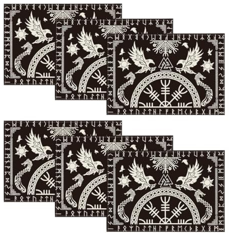 Artoid Mode Wikinger Baum des Lebens Rabe Helm der Ehrfurcht Platzsets 6er Set, 30x45cm Urlaub Tischsets Waschbar Platzdeckchen Küche Party Deko