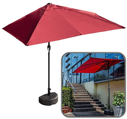 DSKJHI Demi-parasol rectangulaire avec base et manivelle simple, hauteur 225 cm/245 cm, Rouge, 250x130cm
