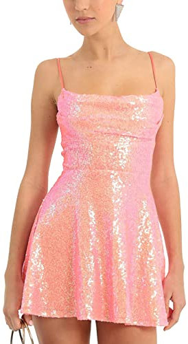 Caziffer Women Shiny Sequins Dress Summer Backless 50s Rockabilly Sleeveless A-Line Mini Party Dress for Cocktail Beach Streetwear Spaghetti Bodycon Mini Dress (Pink Orange, S)