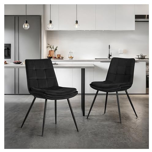 STOOLINK Stühle Esszimmer 2er Set, Esszimmerstühle aus Samtstoff, Gepolsterter Küchenstuhl mit Rückenlehne, Armloser Essstühle mit Ziersteppung, für Esszimmer, Wohnzimmer - Schwarz