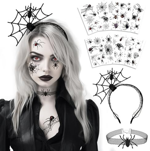 Haarreif Fasching Damen, Halsketten Spinnen Haarschmuck Frauen mit 10 Blätter Fasching Tattoos Spinne, Karneval Kostüm Accessoire für Karneval Party Kinder Erwachsene Schminke Fasching Cosplay