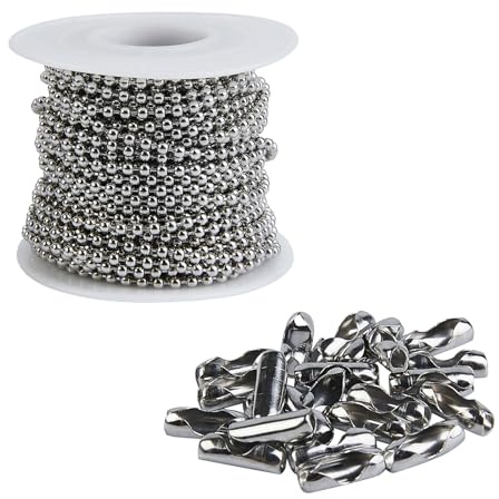 32 Feet Stainless Steel Ball Bead Chains with 20 Pcs Matching Connectors Bead Chain Necklace 2.4mm Diameter Beaded Roller Chain Silver Fan Pull Chain Spool Extension DIY Jewelry Making Accessories