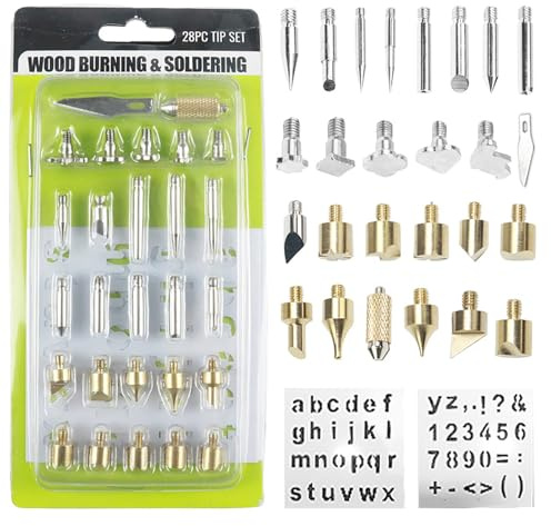 Wood Burning Pyrography Kit 26Pcs Pyrography Tips Wood Burning Soldering Chiseled Tips Handmade Leather Carving Iron Tip with 2Pcs Various Letters Numbers and Symbols Stencils