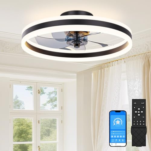 SUNKENET Ceiling Fans with Lights and Remote, 40cm Ceiling Fan Light, 3000K-6500K Dimmable Smart LED Fan Light, 6 Wind Speeds & Reversible, Black Modern Queit Fan Light Ceiling for Bedroom