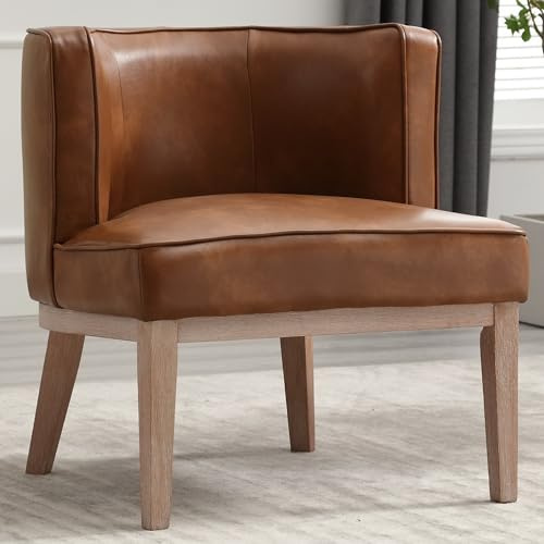 Brauner Ledersessel mit Holzbeinen, bequem, gepolstert, rund, Seitenstuhl für Wohnzimmer und Schlafzimmer, stilvoller Lesesessel mit Rückenstütze
