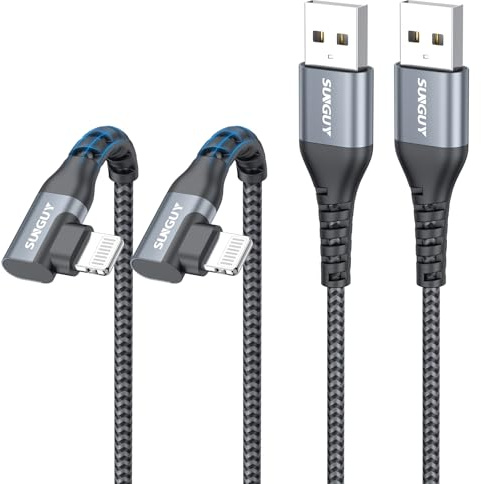 SUNGUY USB-A to Light-ning Cable Right Angle,[1FT 2Pack] Short USB to Light-ning Charger Cord 90 Degree Nylon Braided Compatible with i-Phone 14/13/12/11 Series X SE i-Pad9/mini -Grey