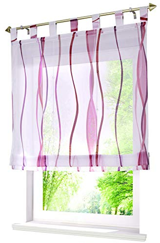 Voile Raffrollo mit Wellen Druck Design Rollos Schlaufen Transparent Vorhang (BxH 100x140cm, violett)