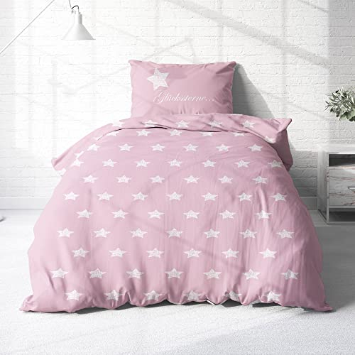 Dobnig Bettwäsche 135 x 200 Rosa Sterne - Baumwoll Bettwäsche Grau mit Sternen - Winter Bettwäsche Set - Sternen Bettwäsche Biber - 100% Baumwolle
