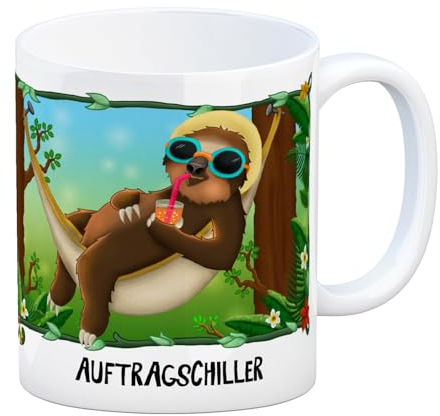 trendaffe Kaffeebecher mit Faultier in Hängematte Motiv und Spruch: Auftragschiller