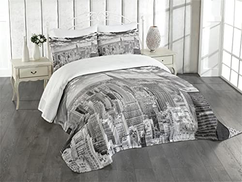 ABAKUHAUS New York Tagesdecke Set, Manhattan Stadtlandschaft, Set mit Kissenbezügen Ohne verblassen, für Doppelbetten 220 x 220 cm, Grau