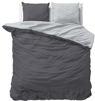 Sleeptime Bettwäsche 200x220 3-teilig - 100% Baumwolle - 1x Bettbezug 200x220 cm + 2X Kissenbezug 60x70 cm - Oeko-TEX®, Knopfverschlüsse, pflegeleicht - atmungsaktiv & hautfreundlich - Anthrazit Grau