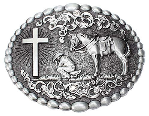 Christlicher Cowboy, betet zum Kreuz mit Pferde-Gürtelschnalle