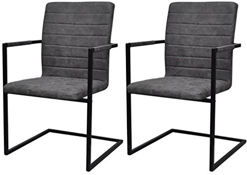 Festnight 2er Set Esszimmerstühle mit Armlehne | Freischwinger Essstuhl Küchenstuhl | PU-Leder Schwingstuhl mit Stahlrahmen 53 x 61 x 88,2 cm Grau Geriffelt