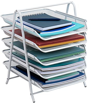 Mind Reader 5-Tier Paper Tray, Desktop Organizer Aktenaufbewahrung, Arbeitsplatz, Büro, Metallgitter, 30 x 35 x 37 cm (L x B x H), Metall, Weiss/opulenter Garten