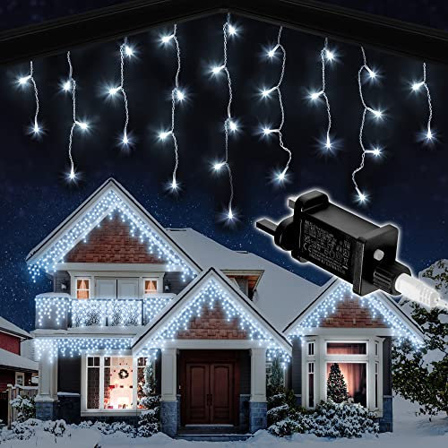 NETTA Icicle Lights Outdoor Christmas 240 LED 7.5m Lit Length, Cool White LED Icicle Fairy House Lights with Memory, 8 Lighting Modes, Mains Powered – 240LED, Cool White