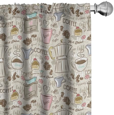 Ambesonne Modern Curtains, Coffee Time Vintage Espresso Machine Cupcakes Beans Design, Window Treatments 2 Panel Set for Living Room Bedroom, Pair of - 28 x 95, Pink Beige