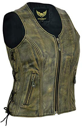 Leatherick Damen Vintage Lederweste der echte spitzenkorn-büffel Leder ärmellose jacke/weste distress braun XL (14)