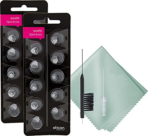 Oticon Minifit offenes 8-mm-Kuppelstück mit Puget SoundLabs Hörgeräte-Reinigungsbürste, Entlüftungswerkzeug und Mikrofaser-Reinigungstuch (2 Packungen) (20 Kuppeln)