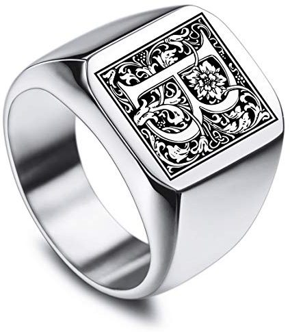 VIBOOS Benutzerdefinierte gravierte Initiale Monogram Signet Ring für Männer Frauen Jungen Herren Ringe Edelstahl, Bündel mit Ringgrößeneinstellern (Silberne Farbe)