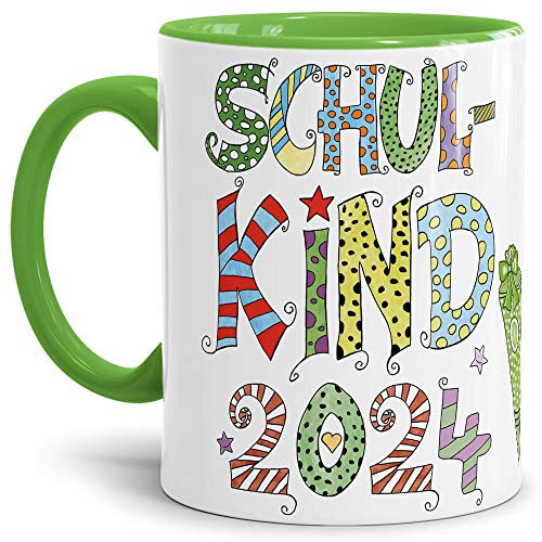 Tassendruck Geschenk Tasse zur Einschulung für Kinder mit Spruch - SCHULKIND 2024 - Geschenkidee zum Schulanfang/Erinnerung Schulbeginn/Erstklässler 2024 Junge - Innen & Henkel Hellgrün