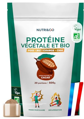 NUTRI & CO Protéines Vegétales BIO - 4 Sources : Pois, Riz, Chia & Courge - Riche en BCAA - Vegan Protein 100% naturelle - Goût Naturel Cacao 500g - Sans édulcorant ni additif - Fabriqué en France