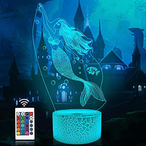 Attivolife Meerjungfrau 3D Illusion Lampe, Princess Nachtlicht Fernbedienung + Timer 16 Farbwechsel Schreibtischlampen Kinderfeenzimmer Dekor Einstecken Geburtstagsgeschenke für Mädchen Frauen Kind