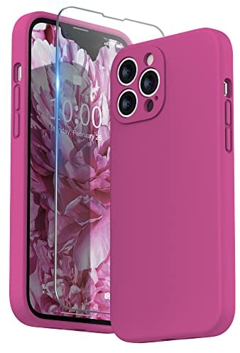 SURPHY Compatible with iPhone 13 Pro Max Case with Screen Protector, Liquid Silicone Protection for Each Lens Shockproof Thickened Rubber Cover for iPhone 13 Pro Max 6.7 inch 2021, Hot Pink
