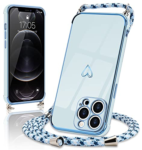 Micoden Handykette kompatibel mit iPhone 13 Pro hülle Ultra dünn Kameraschutz Herz Love Design Galvanik TPU Silikon Bumper Kordel zum Umhängen Handyhülle mit Band Schutzhülle,Blau