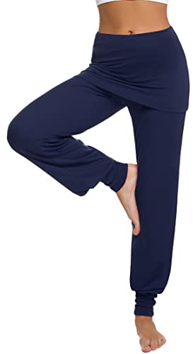 Terecey Yogahose Damen Lang mit Rock Freizeithose Baumwolle Jogginghose Hohe Taille Pumphose Haremhose für Yoga Pilates Tanzen Joggen Blau M