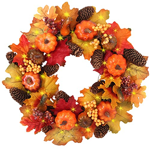 Künstliche Herbst Kranz 40cm Kürbisse Kranz Herbstlaub Ahornblatt Herbstkranz Haustür Dekoration Türkranz Tischkranz Deko mit LED-Licht Kürbis Beeren Tannenzapfen für Halloween Thanksgiving Weihnachts